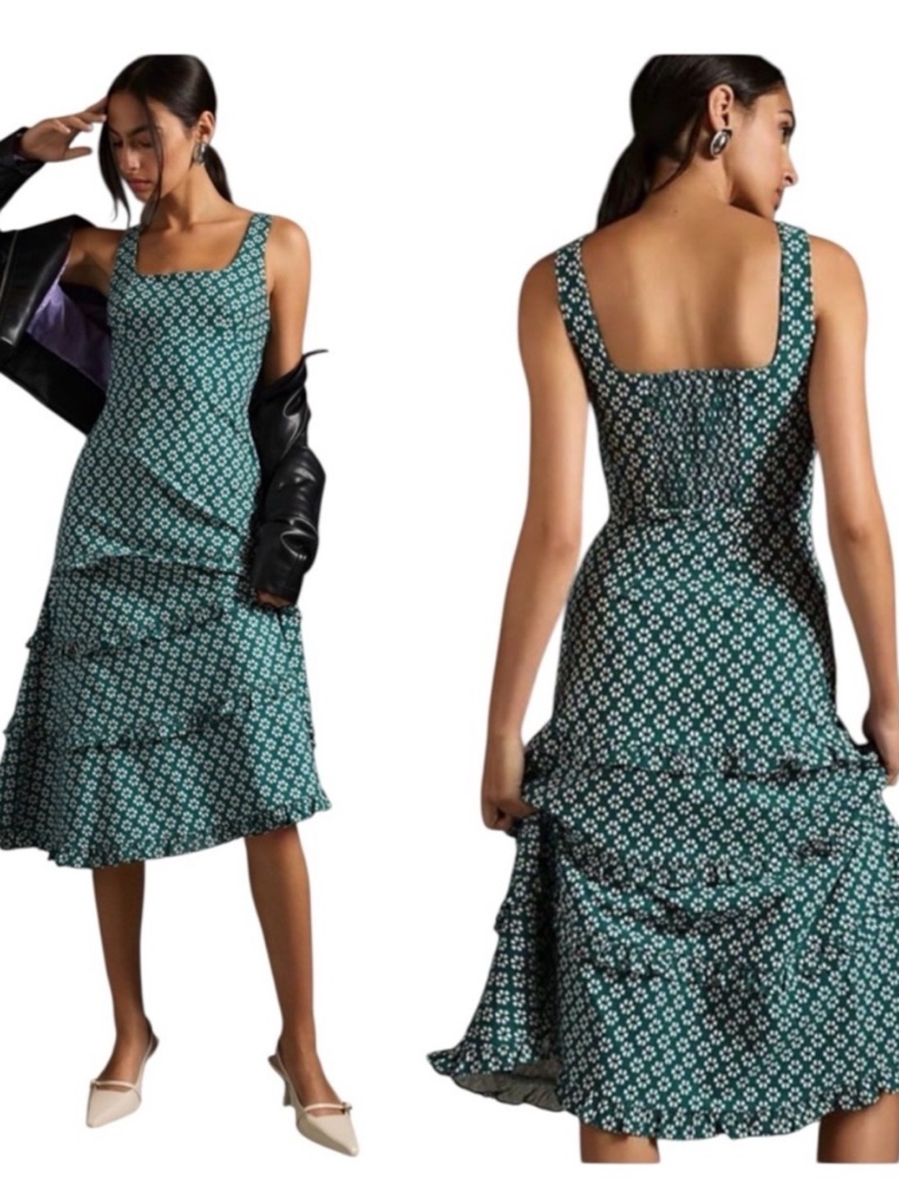 Square-Neck Green Floral Tiered Midi Dress